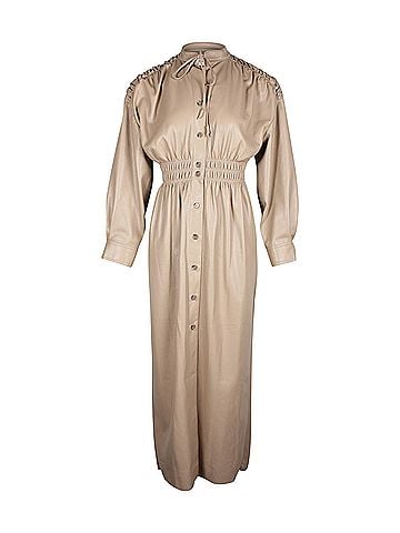 Nanushka Nanushka Shirred Midi Shirt Dress in Beige Vegan Leather  (view 1)