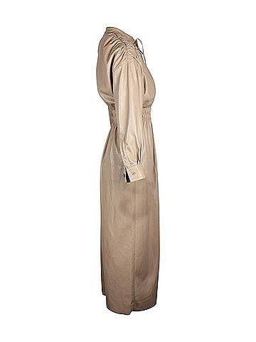 Nanushka Nanushka Shirred Midi Shirt Dress in Beige Vegan Leather  (view 2)