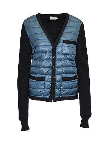Moncler Moncler Knit Sleeve Quilted Down Panel Cardigan Jacket in Navy Blue Polyamide  (view 1)