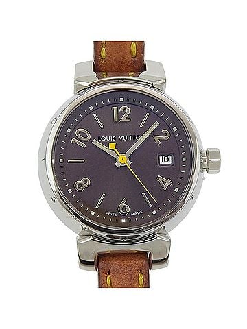 Louis Vuitton Louis Vuitton Tambour Watch Q1211, Stainless Steel and Leather Quartz Movement, Analog Display, Black Dial, Women's (view 1)