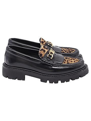 Céline Celine Margaret Leopard-Print Loafers in Black and Brown Leather (view 1)