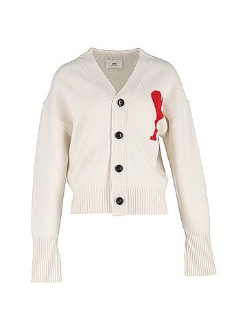 AMI Ami Ami De Coeur Buttoned Cardigan in White Wool (view 1)
