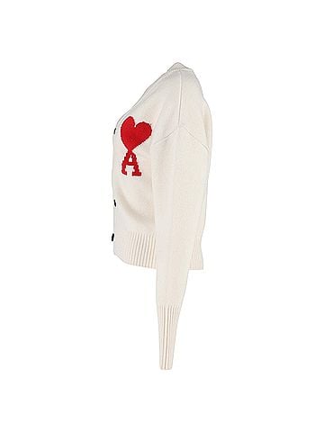 AMI Ami Ami De Coeur Buttoned Cardigan in White Wool (view 2)