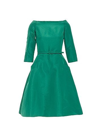 Oscar De La Renta OSCAR DE LA RENTA F17 kelly green  silk taffeta bateau neck belted dress US0 XS (view 1)
