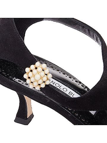 Manolo Blahnik Manolo Blahnik Shufta black suede pearl button kitten heels (view 2)