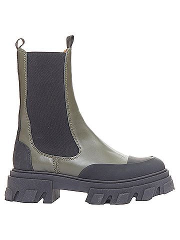 Ganni Ganni Kalamata army green leather black rubber elastic gusset chelsea boots (view 1)