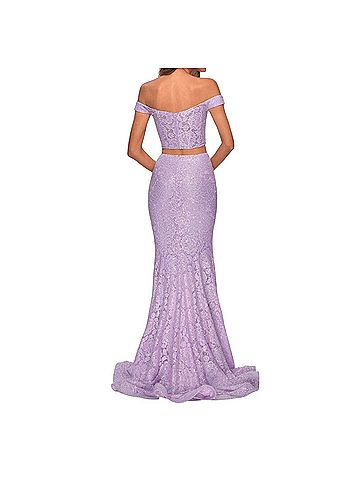 La Femme Two-Piece Crop Top Skirt Sequin Slit Lace Trumpet Set Lilac Lavendar Prom Black Tie Wedding Guest Cocktail Dress (view 2)