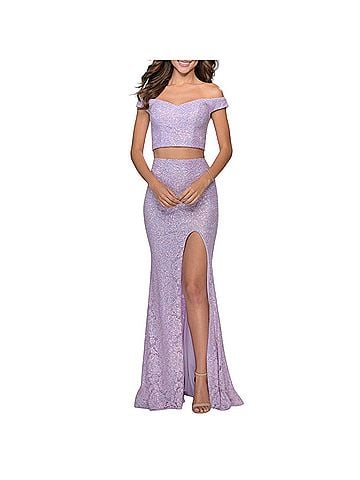 La Femme Two-Piece Crop Top Skirt Sequin Slit Lace Trumpet Set Lilac Lavendar Prom Black Tie Wedding Guest Cocktail Dress (view 1)