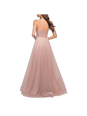 La Femme Pink Sheer Corset evening gown black tie wedding guest formal prom Cocktail Dress (view 2)