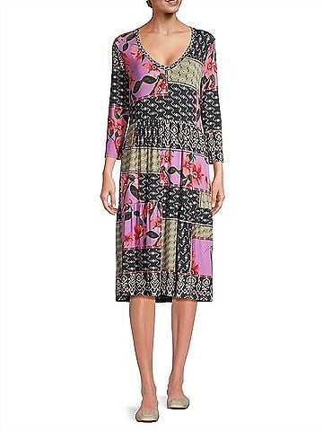 Johnny Was Zanda 3/4 Sleeve Tiered Tea Length Dress (view 2)