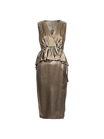 Moschino MOSCHINO rustic metallic gold draped peplum V-neck midi cocktail dress IT40 S (view 1)