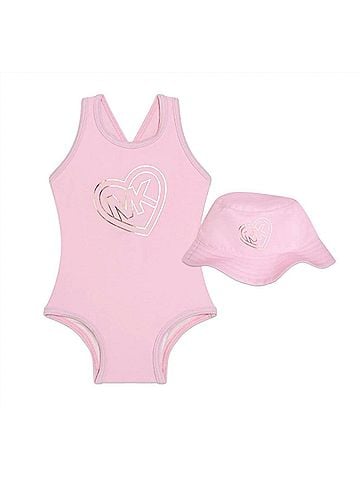 Michael Kors Girls Monogram Print Swimsuit + Hat Set (view 1)