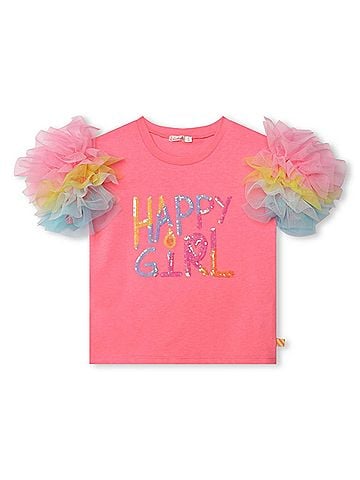 Billie Blush Girls Happy Girl Ruffle Tulle Sleeves Tee (view 1)
