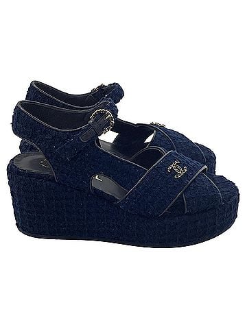 Chanel  Chanel CC Wedge Sandals in Blue Cotton Tweed (view 1)