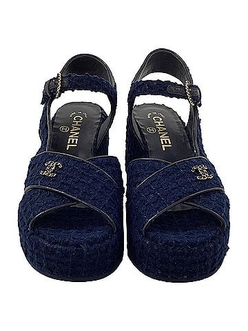 Chanel  Chanel CC Wedge Sandals in Blue Cotton Tweed (view 2)
