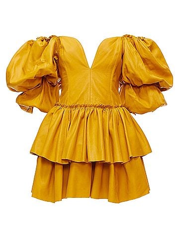 Aje. AJE 2019 Castellain mustard yellow leather puff sleeve tiered mini dress UK6 XS (view 1)