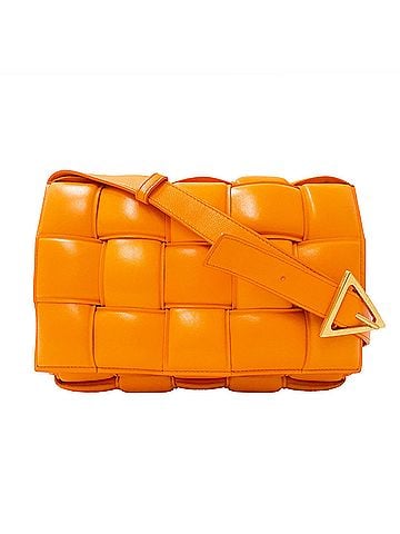 Bottega Veneta Bottega Veneta handbag for women, brand name Cassette shoulder bag, leather, orange, woven design.