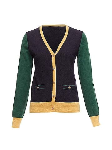 Tory Burch TORY BURCH 100% merino wool colorblocked logo button cardigan sweater M (view 1)
