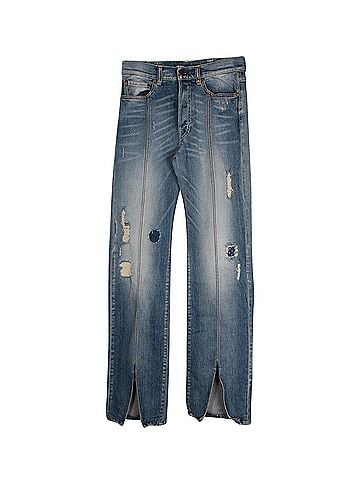 OFF-WHITE Off-White Distressed Straight Leg Denim Jeans in Blue Cotton (view 1)