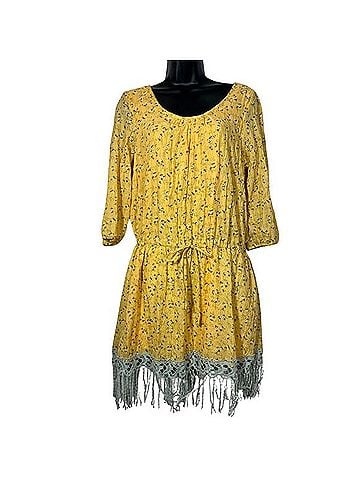 A'reve Anthropologie Yellow Floral Dress Drop Waist Lace Hem Butter Midi Casual Dress (view 1)
