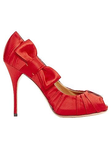 Mario Valentino Valentino red pleated satin ribbon bow peep toe stiletto pumps EU37 (view 1)