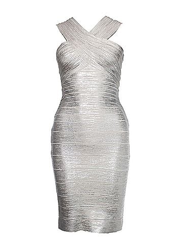 Herve Leger Herve Leger by Max Azria, silver off shoulder body con dress (view 1)