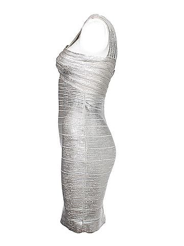 Herve Leger Herve Leger by Max Azria, silver off shoulder body con dress (view 2)