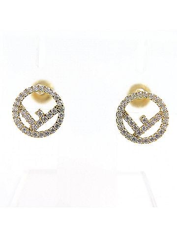 Fendi FENDI F is Fendi earrings with logo and rhinestones, pair, gold silver, box, made in Italy, women's. (view 1)