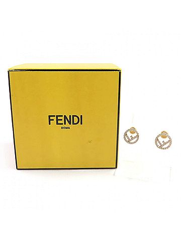 Fendi FENDI F is Fendi earrings with logo and rhinestones, pair, gold silver, box, made in Italy, women's. (view 2)