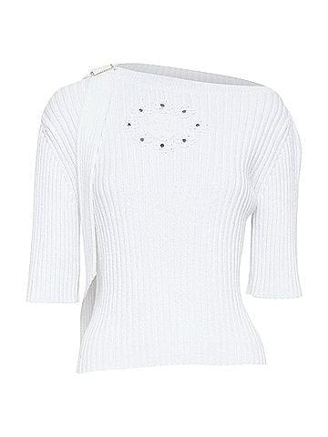 Chanel CHANEL white ribbed cotton knit CC logo buckle sash sweater FR36 S (view 1)