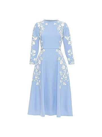 Oscar De La Renta OSCAR DE LA RENTA 2019 blue white virgin wool floral embroidered dress US4 M (view 1)