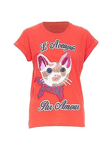 Gucci GUCCI L'Aveugle Par Amour red cat embroidered short sleeve t-shirt S (view 1)
