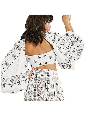 ASOS Mosaic Embroidered Puff Sleeve Long Sleeve Blouse (view 2)