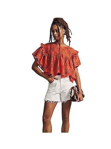 FARM Rio Palm Richelieu Eyelet Short Sleeve Blouse (view 1)