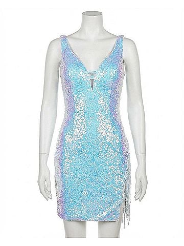 Jovani Fringe V-Neck Beaded Cocktail Dress (view 1)