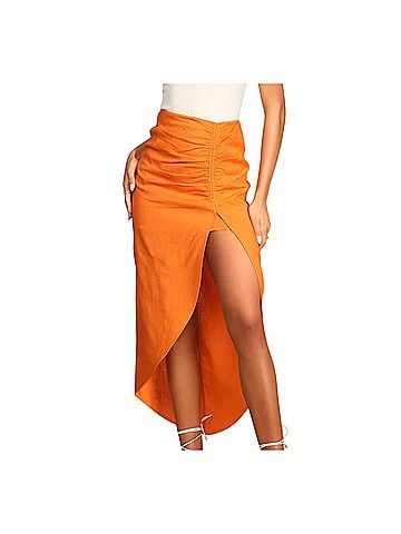 Lulus Stun and Sand Bright Orange Ruched Linen Midi  Casual Skirt (view 1)