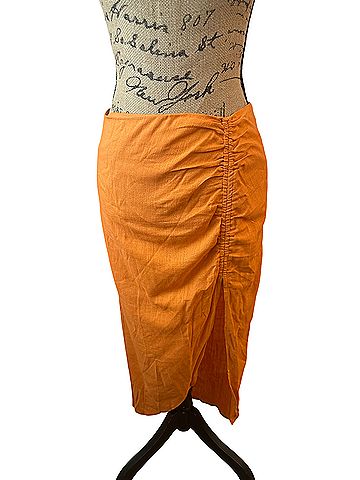 Lulus Stun and Sand Bright Orange Ruched Linen Midi  Casual Skirt (view 2)