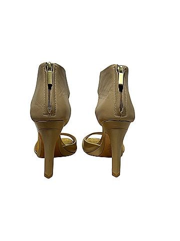 Eight Fifteen Beige Leather Open Toe Ankle Strap Gold Snakeskin Heels (view 2)