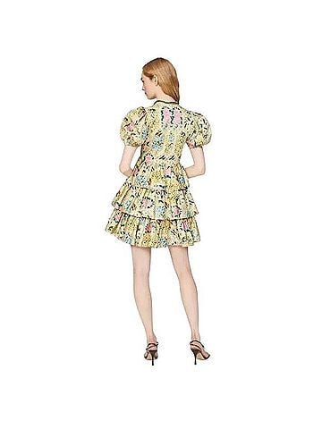 Hunter Bell Porter Floral Tapestry Tiered Mini Puff Sleeve Yellow Casual Dress (view 2)