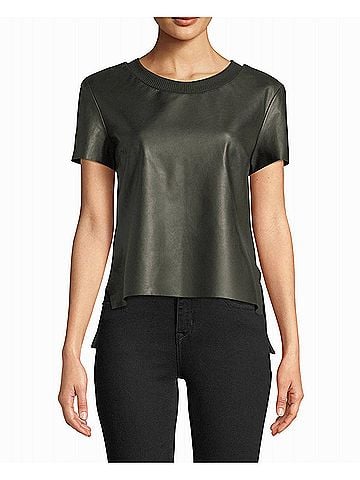 Nicole Miller Leather T-Shirt in Army Green (view 2)