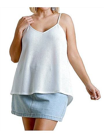 Umgee Waffle Knit V-Neck Tank Top in Off White (view 2)