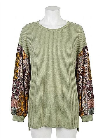 Umgee Paisley Print Waffle Knit Top in Sage (view 1)