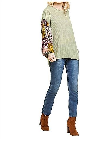 Umgee Paisley Print Waffle Knit Top in Sage (view 2)