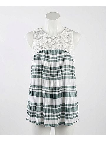 Umgee Lace & Striped Babydoll Tank Top in Sage (view 1)