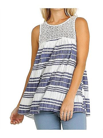 Umgee Lace & Striped Babydoll Tank Top in Blue (view 2)