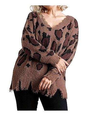 Umgee Fuzzy Leopard Sweater in Mocha (view 2)