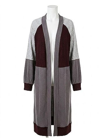Umgee Color Block Ribbed Sweater Cardigan in Charcoal/Wine (view 1)