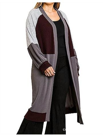 Umgee Color Block Ribbed Sweater Cardigan in Charcoal/Wine (view 2)