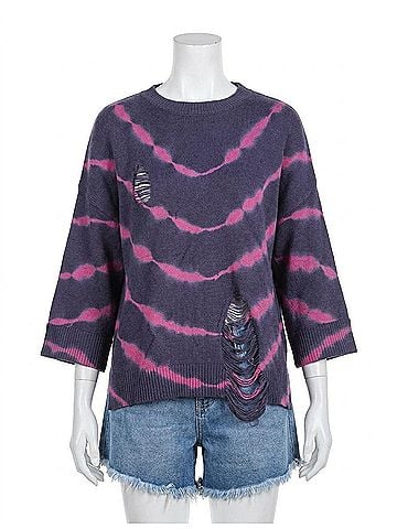 Umgee Distressed Tie Dye Sweater in Navy/Fuchsia (view 1)
