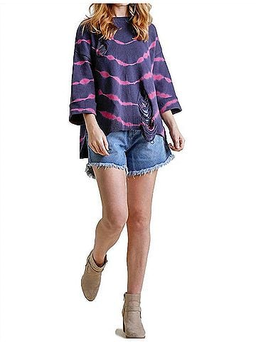 Umgee Distressed Tie Dye Sweater in Navy/Fuchsia (view 2)